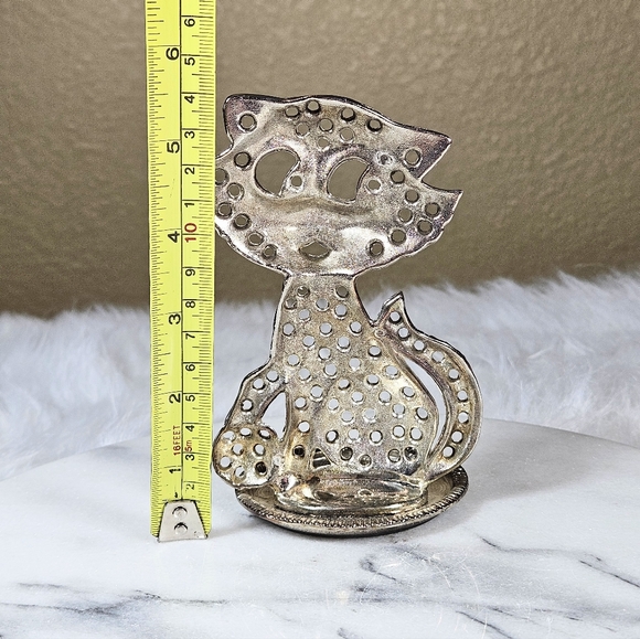 Vintage Silver Plate Cat Pierced Earring Tree Holder Ring Tray Jewelry Kitschy - Picture 3 of 6